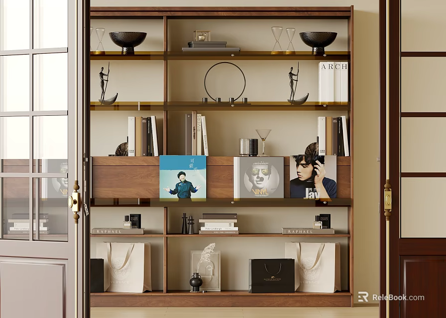 Wooden Bookcase With Multiple Shelves Displaying Books Decorative Items Photo Frames And Bowls 3d model 