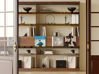 Wooden Bookcase With Multiple Shelves Displaying Books Decorative Items Photo Frames And Bowls 3d model