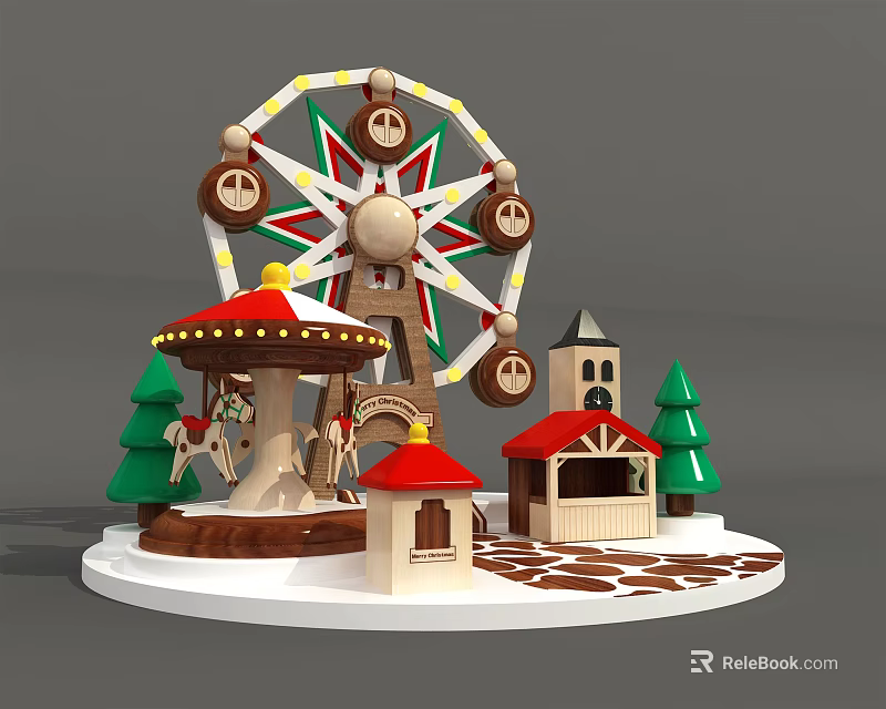 Miniature Amusement Park Model Scene With Ferris Wheel Carousel Small Houses And Christmas Trees 3d model 