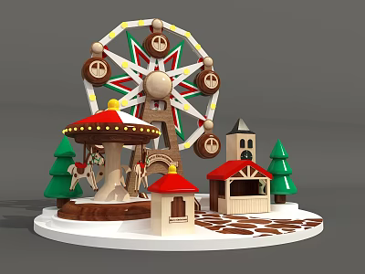 Miniature Amusement Park Model Scene With Ferris Wheel Carousel Small Houses And Christmas Trees 3d model