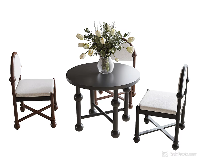 Elegant Round Dining Table Set With Dark Frame Chairs And White Flower Vase 3d model
