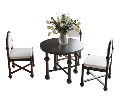 Elegant Round Dining Table Set With Dark Frame Chairs And White Flower Vase 3d model