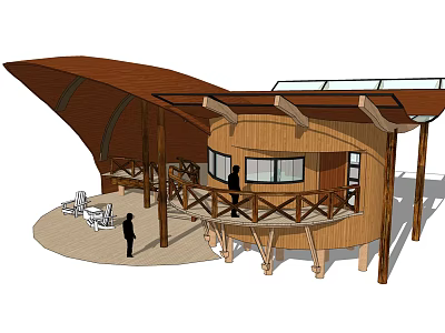 Wooden Elevated Cabin With Curved Roof Overhang Terrace Railing And Outdoor Lounge Chairs 3d model