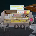 Colorful Donut Food Truck Setup With Night City Backdrop Tables Chairs And Treat Sign