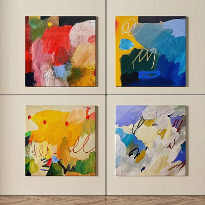 Four Colorful Abstract Paintings With Bold Brushstrokes And Vibrant Wall Display Art Pieces 3d model