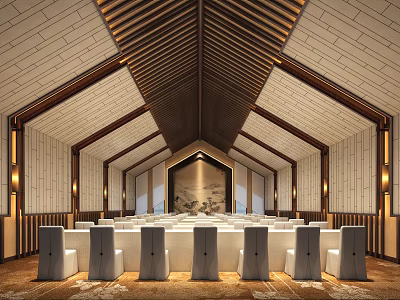 Traditional Chinese Banquet Hall With Wooden Beam Ceiling And Neatly Arranged White Chairs 3d model