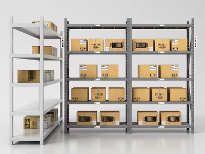 Organized White and Gray Storage Shelves with Brown Cartons and Labels 3d model