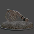 Antique Cannon Weapon With Wooden Wheels On Stone Platform 3d model