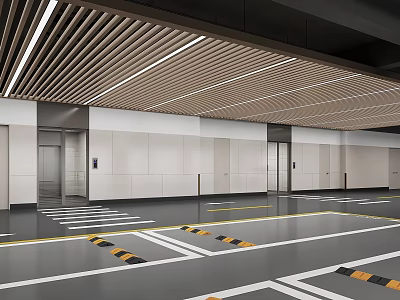 Modern Parking Garage With Wooden Slats Ceiling And Yellow White Guiding Lines 3d model