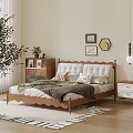 Double Bed With Tufted Headboard Wooden Frame Nightstand Framed Artwork And Area Rug
