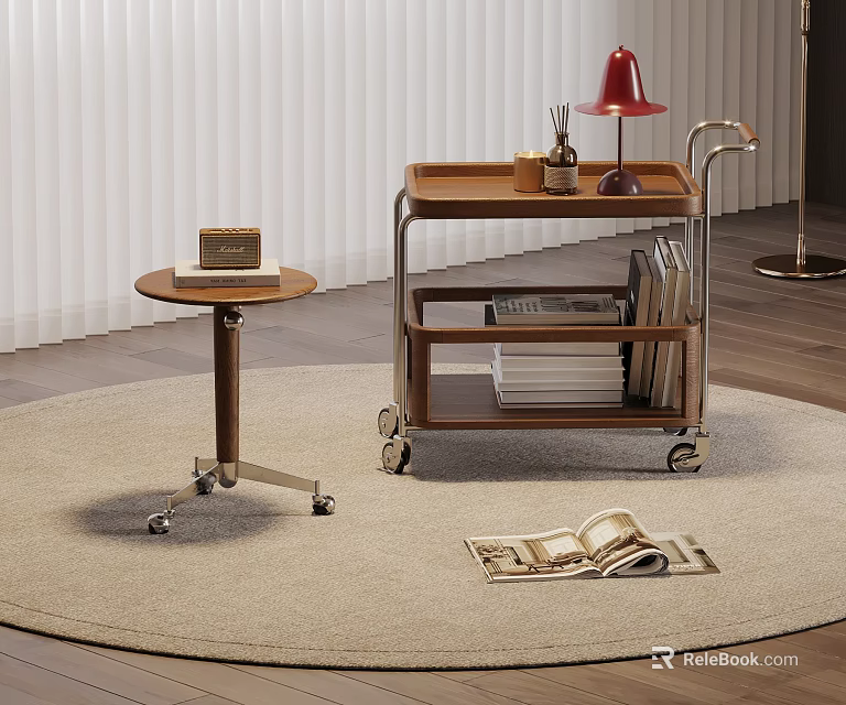 Modern Interior With Beige Rug Rolling Cart Side Table Red Lamp Books And Wooden Floor 3d model 