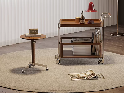 Modern Interior With Beige Rug Rolling Cart Side Table Red Lamp Books And Wooden Floor 3d model