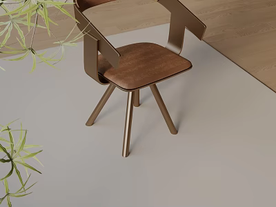 Modern Wooden Dining Chair With Metal Frame And Green Plant Decoration 3d model