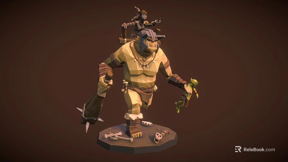 Armored Orc Warrior 3D Model With Small Creature on Back Spiked Weapon and Skeleton Bones 3d model