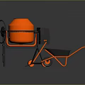 Orange Colored Construction Tools Set With Concrete Mixer Wheelbarrow And Shovel 3d model