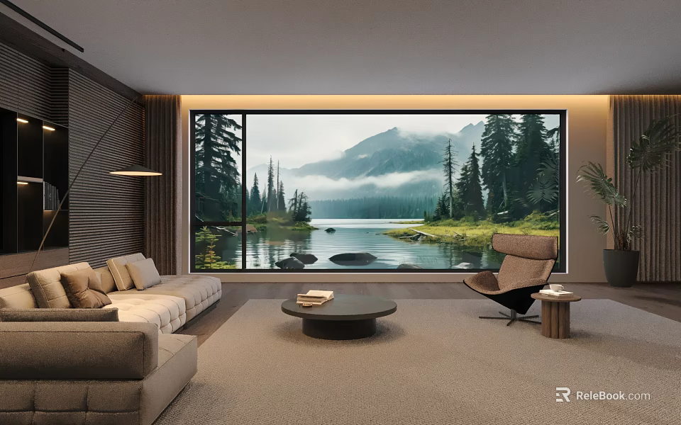 Scenic Living Room Interior Design With Large Window Lake Mountain Forest View Beige Sofa 3d model 