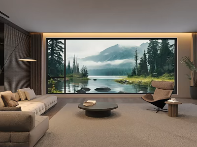 Scenic Living Room Interior Design With Large Window Lake Mountain Forest View Beige Sofa 3d model