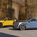 Yellow And Black Sports Cars Parked Against Weathered Stone Building Walls