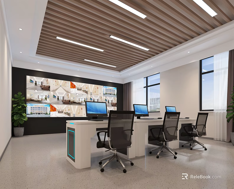 Modern Monitoring Room Interior With Multiple Screens Workstations And Office Chairs 3d model 