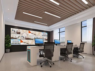 Modern Monitoring Room Interior With Multiple Screens Workstations And Office Chairs 3d model