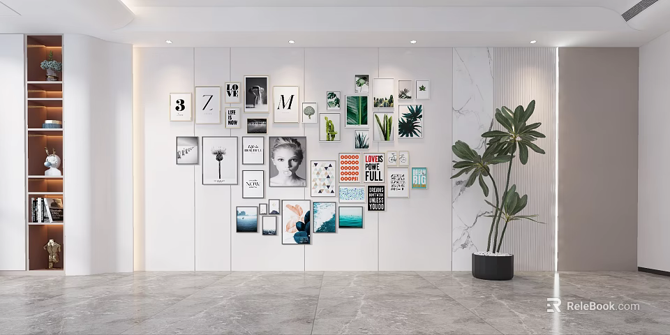 Decorative Photo Wall With Various Frames Photos Letters And Green Plants On White Wall 3d model 