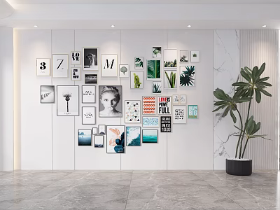 Decorative Photo Wall With Various Frames Photos Letters And Green Plants On White Wall 3d model