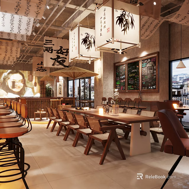 Japanese Restaurant Interior With Wooden Furniture Hanging Lanterns And Blackboard Menus 3d model 