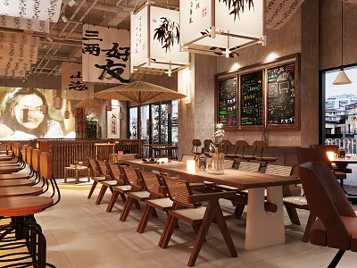 Japanese Restaurant Interior With Wooden Furniture Hanging Lanterns And Blackboard Menus 3d model