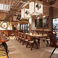 Japanese Restaurant Interior With Wooden Furniture Hanging Lanterns And Blackboard Menus