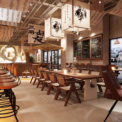 Japanese Restaurant Interior With Wooden Furniture Hanging Lanterns And Blackboard Menus 3d model
