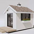 Small House With White Exterior Gray Roof Wooden Steps Window Flower Box And Wall Lamp