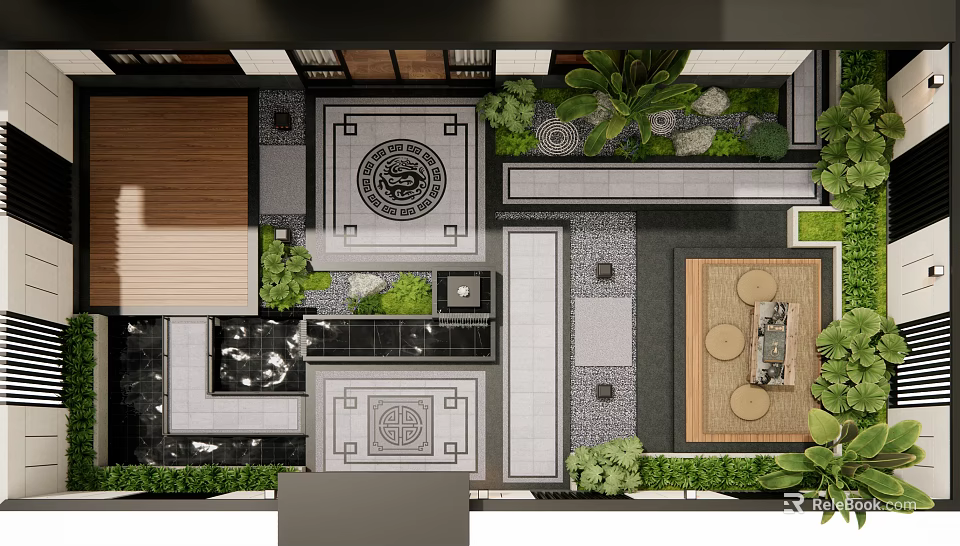 Traditional Courtyard Garden Design With Circular Pattern And Green Plants 3d model 