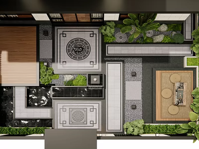 Traditional Courtyard Garden Design With Circular Pattern And Green Plants 3d model