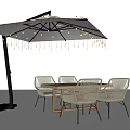 Outdoor Rattan Dining Table And Chairs Set With Umbrella And String Lights 3d model