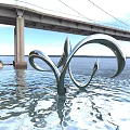 Silver Metallic Curved Landscape Sculpture On Water Surface With Bridge And Natural Scenic View