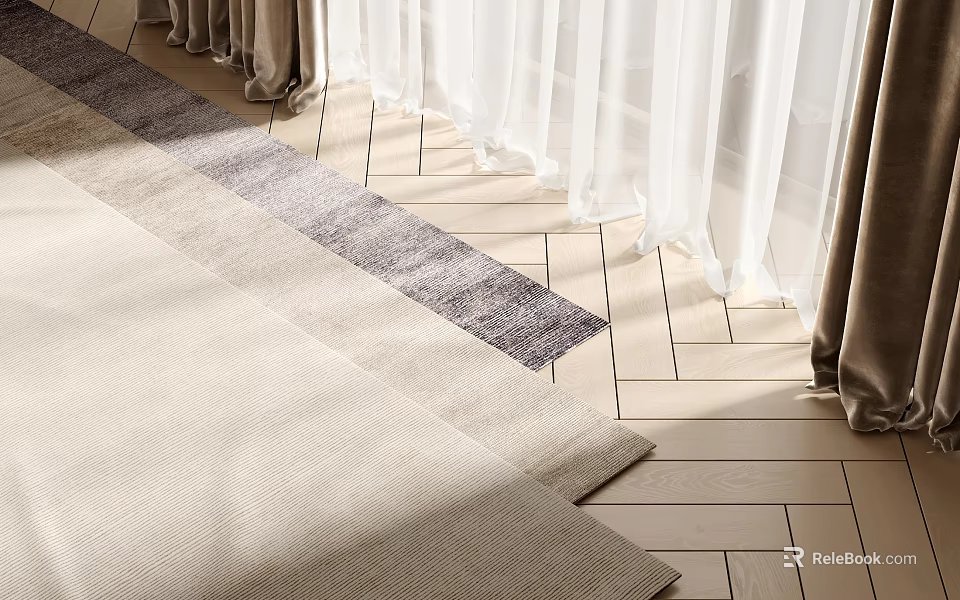 Square Rug In Beige With Gray Stripes On Wooden Floor Under Natural Light And Curtains 3d model 