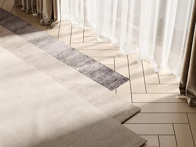 Square Rug In Beige With Gray Stripes On Wooden Floor Under Natural Light And Curtains 3d model
