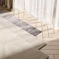 Square Rug In Beige With Gray Stripes On Wooden Floor Under Natural Light And Curtains