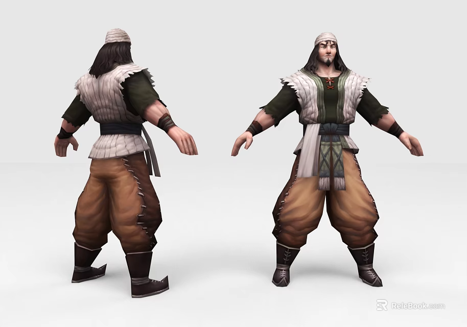 Traditional Game and Movie Character With Long Hair Turban Green Top and Brown Pants 3d model 