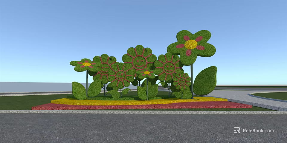 Flower Shaped Bushes with Yellow Pink Centers on Red Yellow Flower Bed Against Blue Sky 3d model 