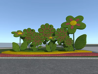 Flower Shaped Bushes with Yellow Pink Centers on Red Yellow Flower Bed Against Blue Sky 3d model