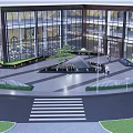 Modern Garden Landscape with Glass Curtain Wall Building and Front Tree Greenery