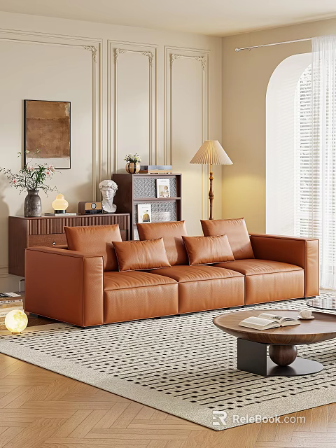 Brown Leather Sofa with Multiple Cushions and Coffee Table Set in Warm Living Room Interior 3d model 