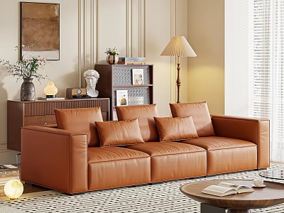 Brown Leather Sofa with Multiple Cushions and Coffee Table Set in Warm Living Room Interior 3d model