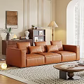 Brown Leather Sofa with Multiple Cushions and Coffee Table Set in Warm Living Room Interior