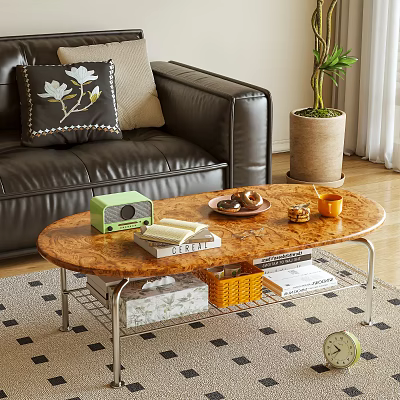 Oval Wooden Coffee Table With Green Radio Books Donut Plate Orange Cup And Storage Baskets 3d model