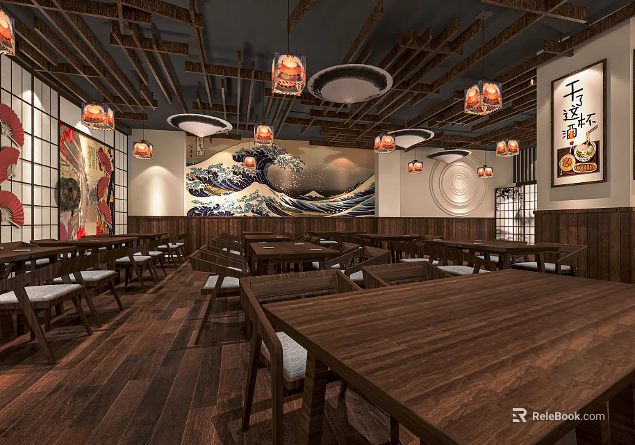 Japanese Restaurant With Wooden Tables Chairs Wave Patterned Wall Art Pendant Lights And Wooden Ceiling 3d model 