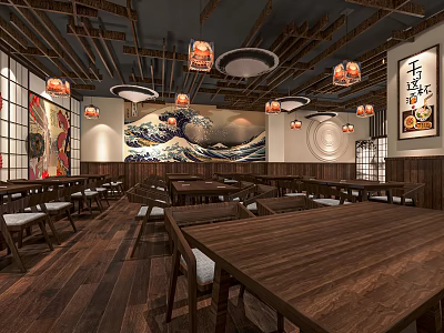 Japanese Restaurant With Wooden Tables Chairs Wave Patterned Wall Art Pendant Lights And Wooden Ceiling 3d model