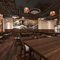 Japanese Restaurant With Wooden Tables Chairs Wave Patterned Wall Art Pendant Lights And Wooden Ceiling