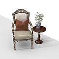 Ornate Accent Chair With Carved Accents Brown Cushion Side Table Blue White Vase White Flowers